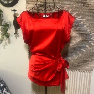 Elegant Red Satin Blouse with Side Bow